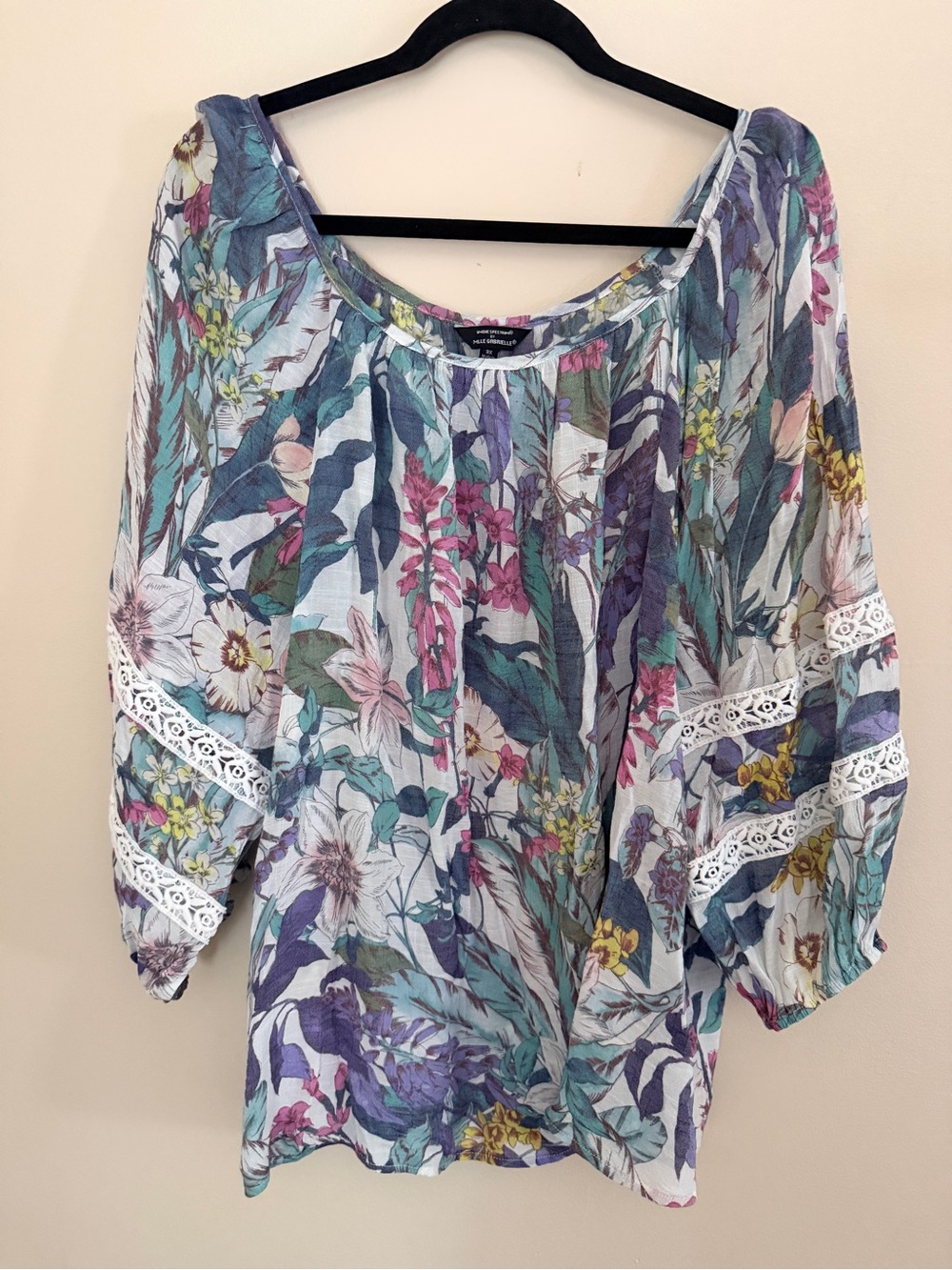 Mlle Gabriele Floral Lace-Trim Peasant Blouse Size 3X